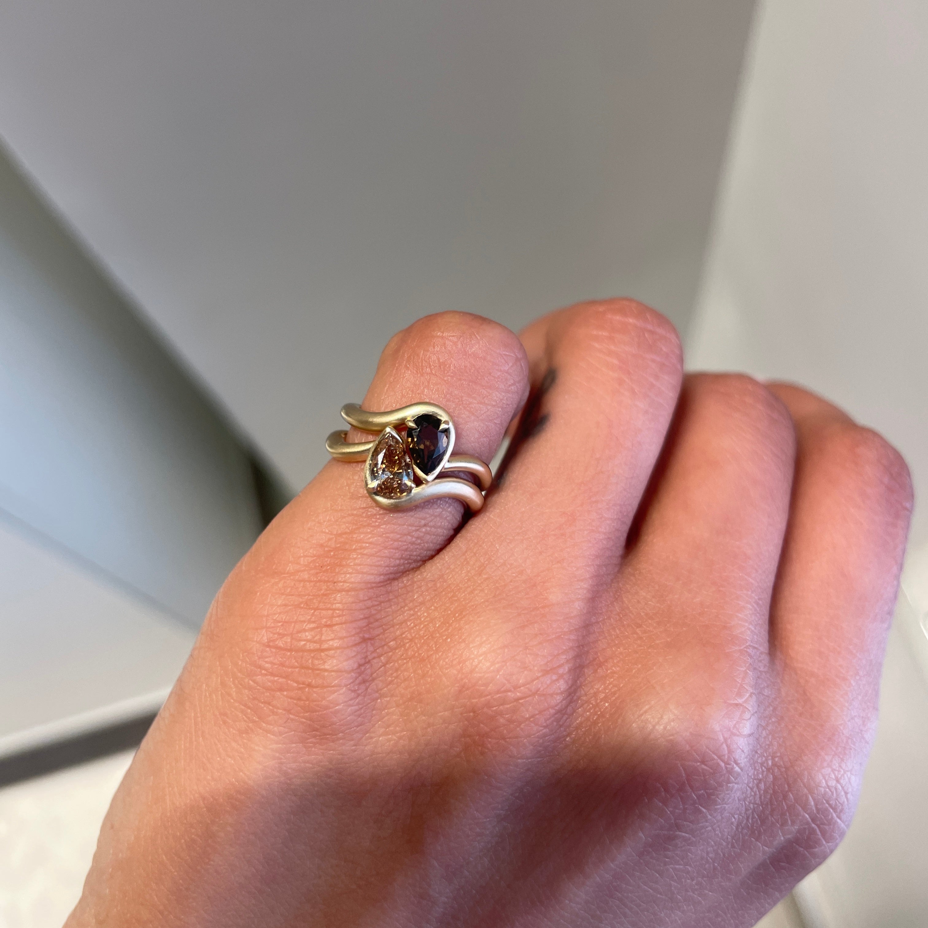 BB Thelma - Brown Diamond + Smokey Quartz  in 14kt Yellow Gold on hand