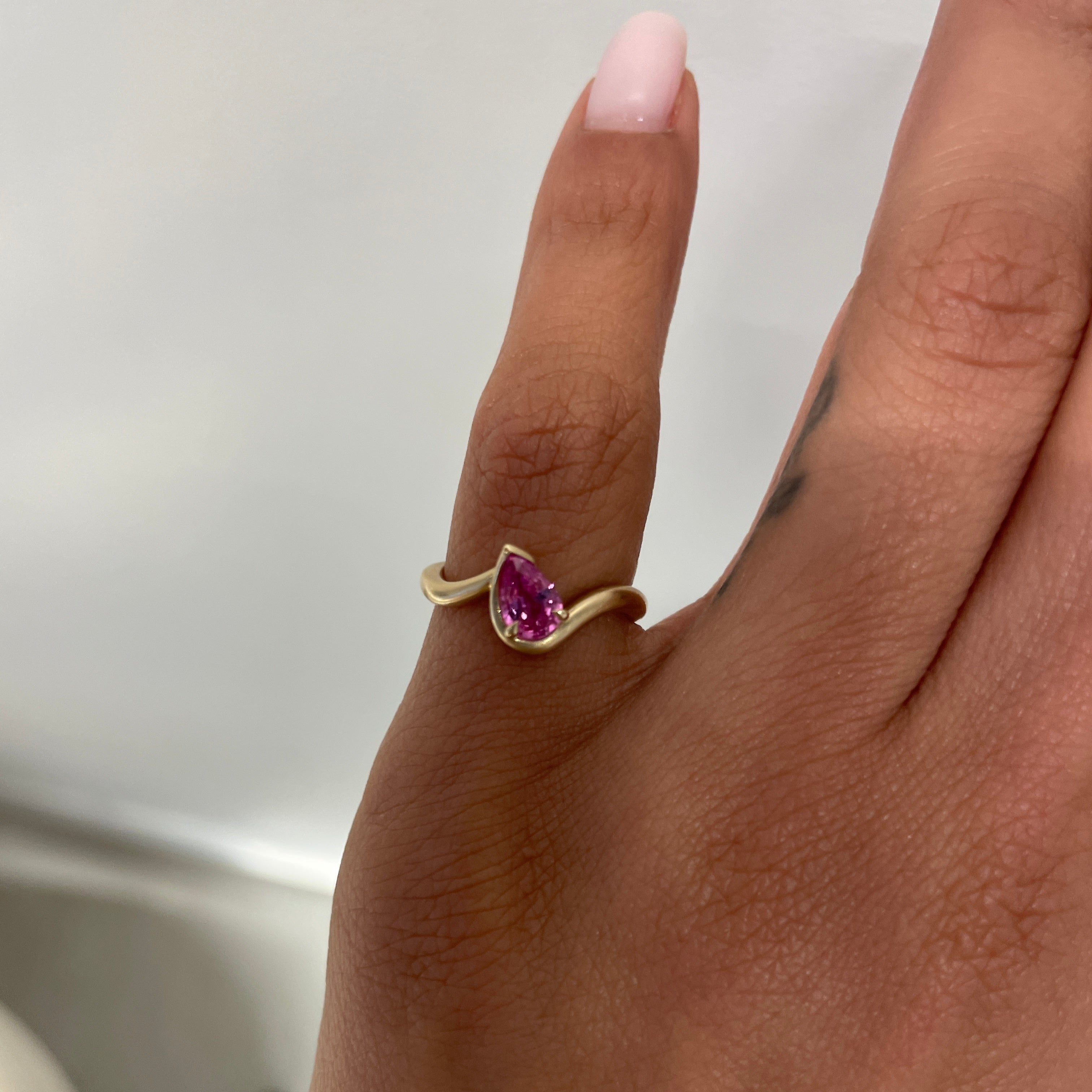 BB thelma Pink Sapphire pinky ring, on hand