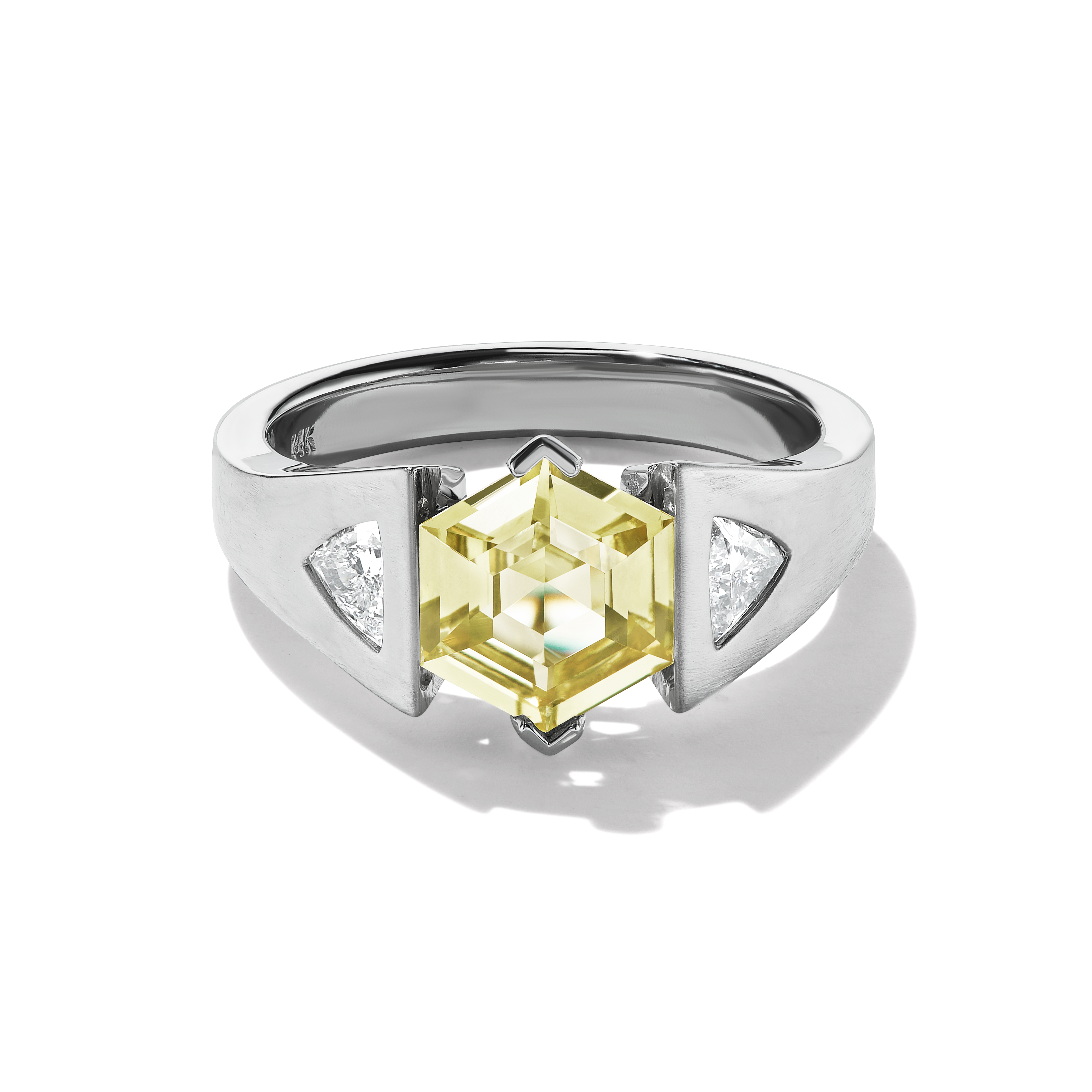 BESPOKE YELLOW HEXAGON + TRIANGLE DIAMOND THREE STONE RING