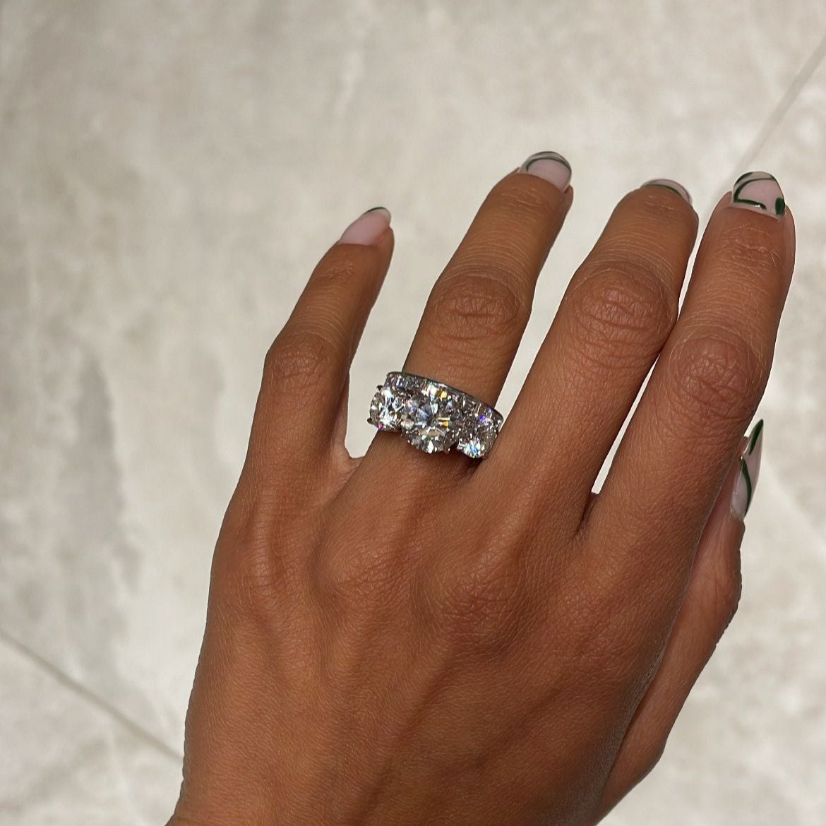 Round Brilliant Three Stone Ring, stack on finger