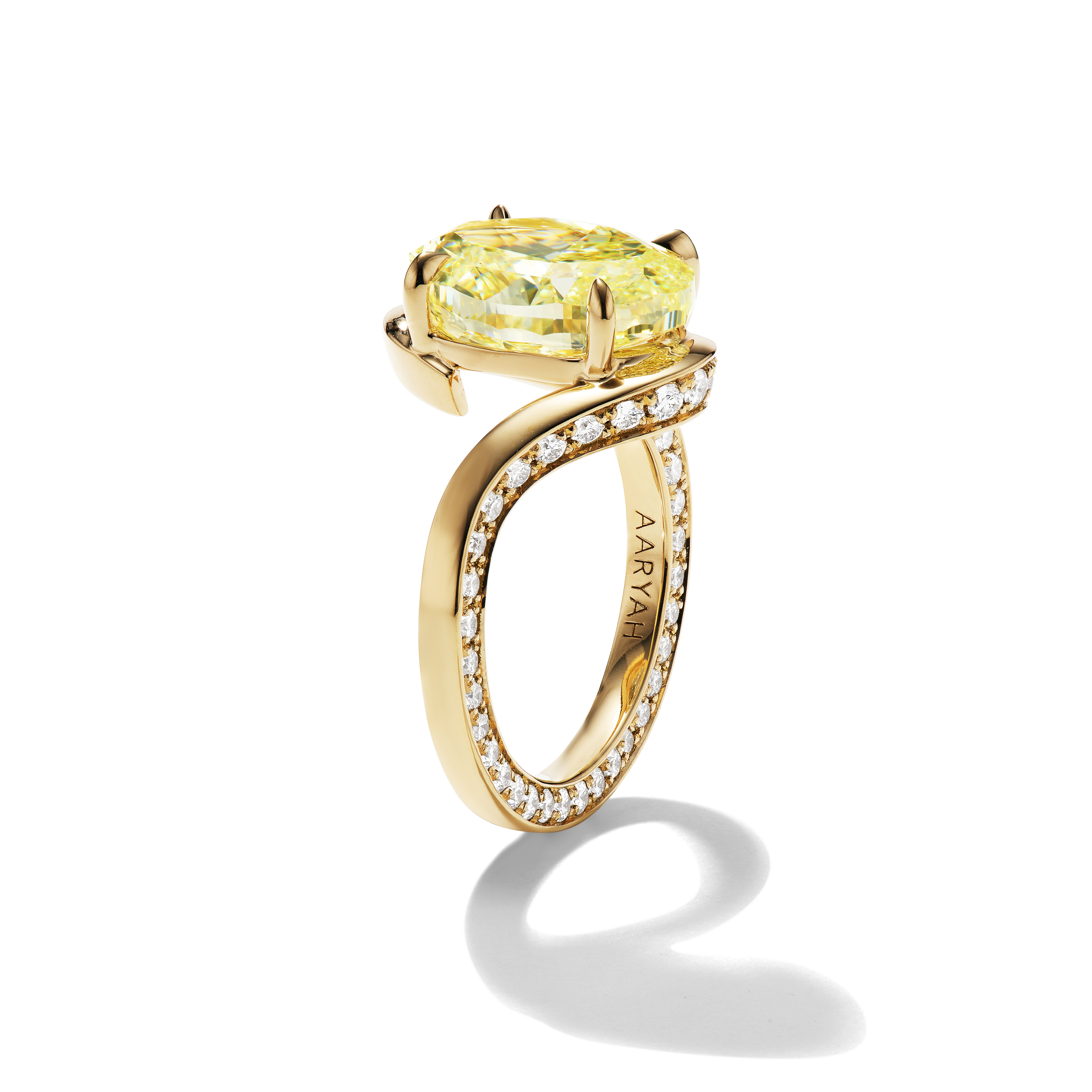 Bespoke Talia, Yellow Oval Diamond in Wave Setting with Pavé in band, Topside with pave diamonds