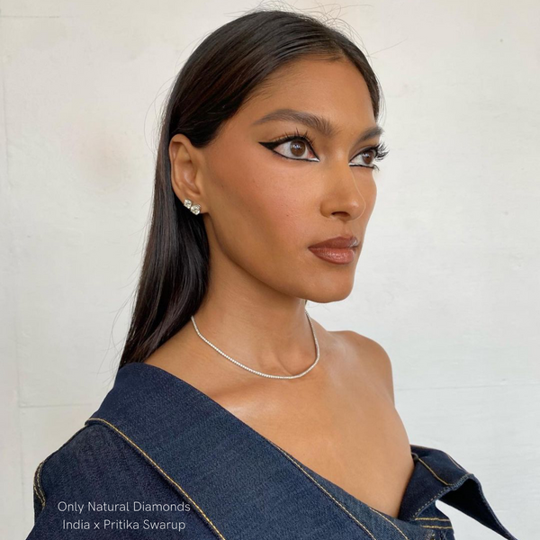 Pritika Swarup in our MINA Diamond Tennis Collar Necklace and Diamond Studs