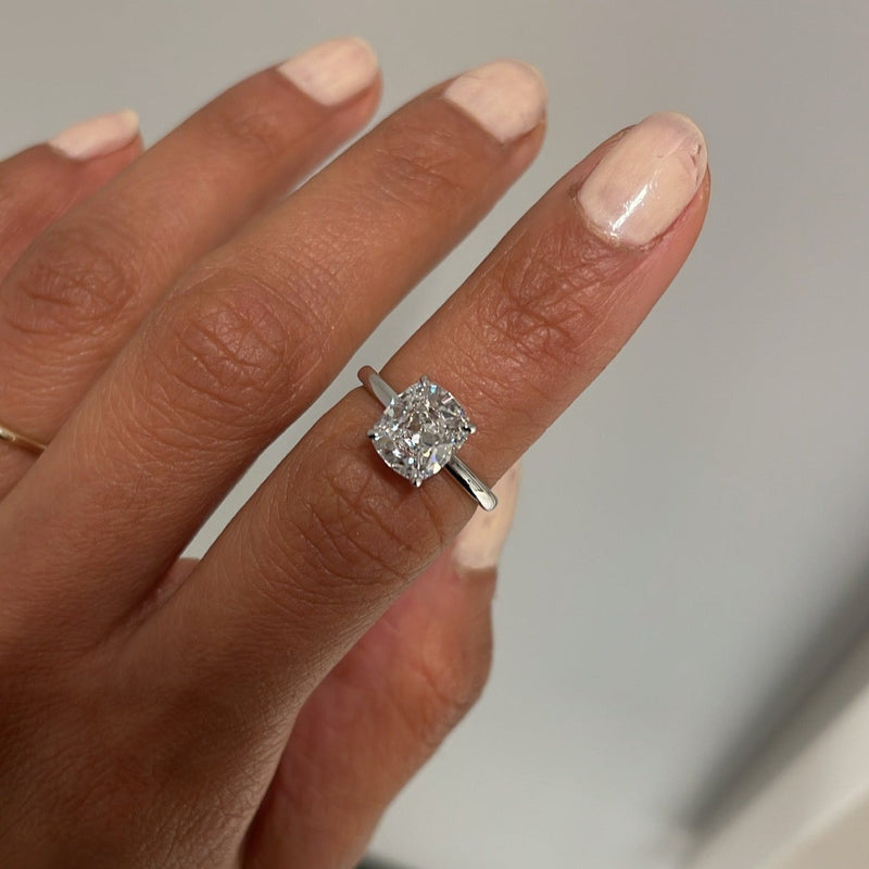 Cushion Cut Diamond Solitaire Ring, on finger 