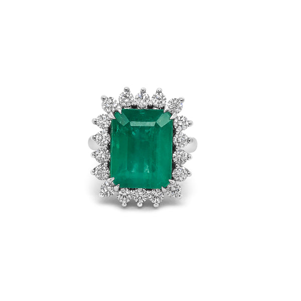 Emerald Cocktail Ring, Emerald surrounded by white round diamonds