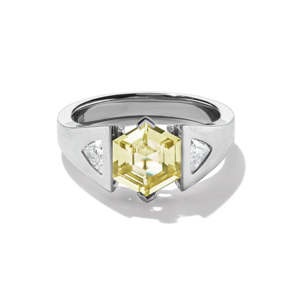 Hexagon Yellow Diamond with Triangle Side Stones, front view