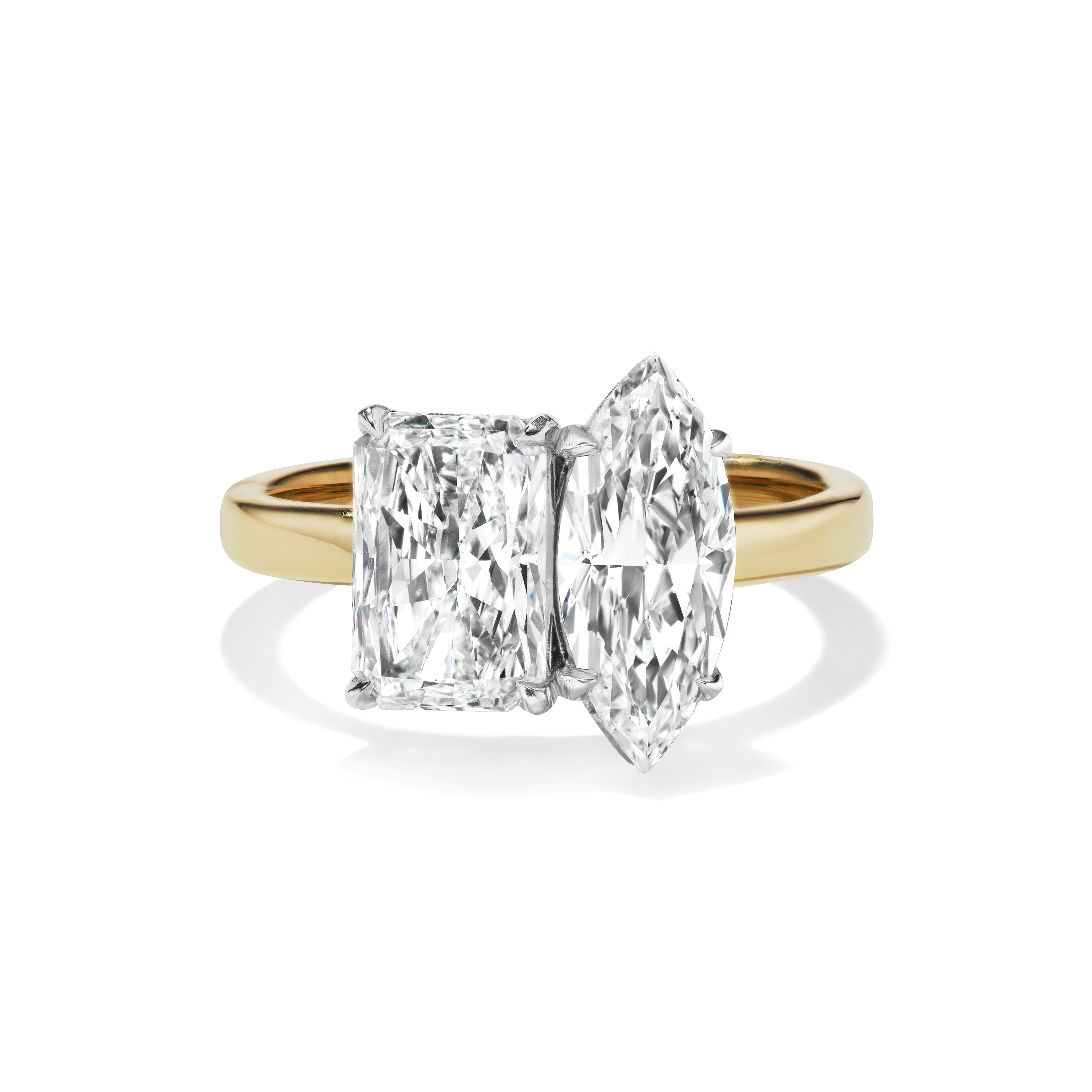 Bespoke Aster Toi et Moi in Platinum Prongs, Yellow Gold Band, Front View