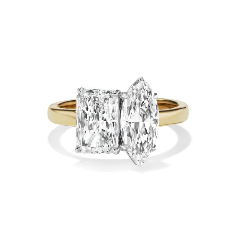 Bespoke Aster Toi et Moi in Platinum Prongs, Yellow Gold Band, Front View
