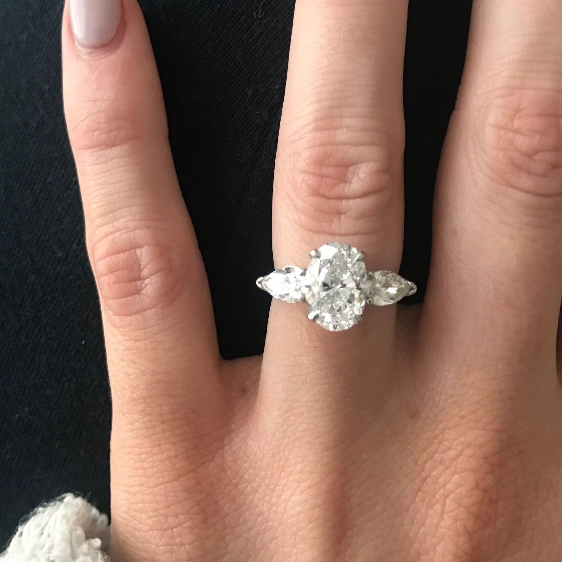 Oval And Pear Three Stone Ring, on finger
