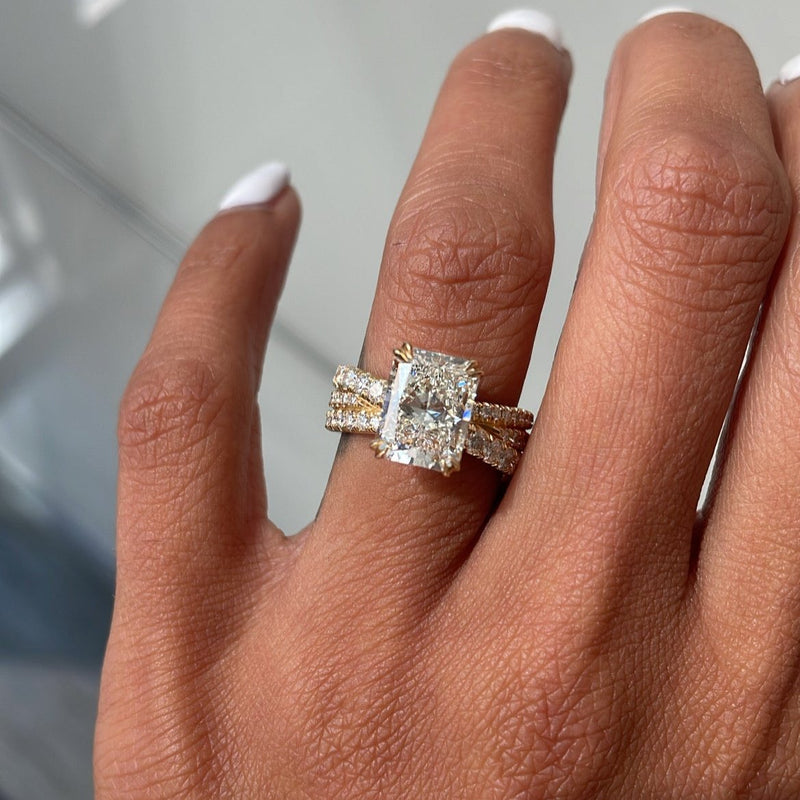 Radiant Cut Diamond On Three Overlapping Pavé Bands, on hand, close-up