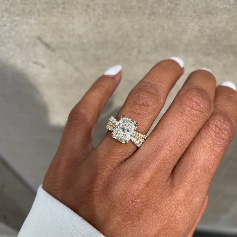 Radiant Cut Diamond On Three Overlapping Pavé Bands, on hand