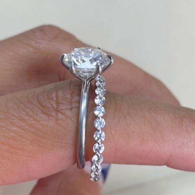 Round Cut Diamond Wedding Band, worn with engagement ring