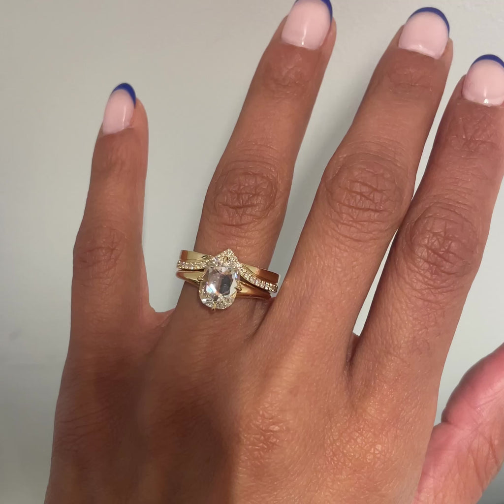 Petite V-shaped Cigar Wedding Band, on hand with MAE Ring